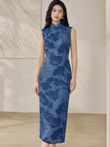 Roey s house | Elegant Chinese Stand-Collar Slim Fit Dress Blue Slit