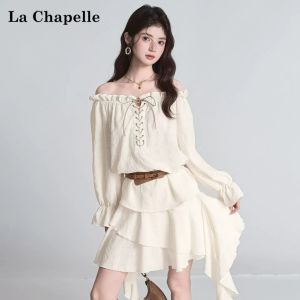 La Chapelle | Off-Shoulder Long Sleeve Sun Protection Blouse Floral Hem Short Skirt Two-piece Set