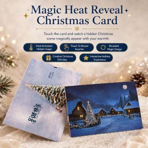 Magic heat‑reactive color changing Christmas card. Temperature sensitive design patterns change with body heat. Interesting interactive Xmas postcard for holiday blessing. Perfect festive greeting gift for family friends and loved ones