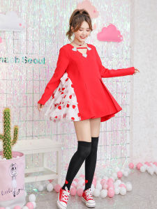 Sweet Japanese Style Red Embroidered Mesh Skirt Dress with Butterfly Knot Heart Shape Appliance Asymmetrical Hemline V-neck Long Sleeve