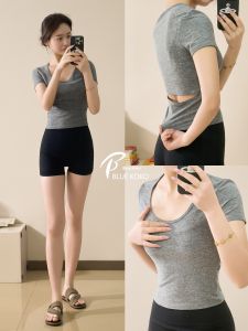 Blue XiaoKe High-End Yoga Sports Top Womens Slim Fit Short Sleeve round Neck Hollow out Breathable Moisture Wicking Fitness T-Shirt