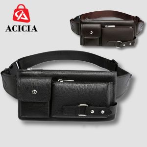 Leather Bag Men Waist Fanny Pack PU Leather Multi Zipper Crossbody Bag Sling Shoulder Large Capacity Belt Bag Black Simple Design