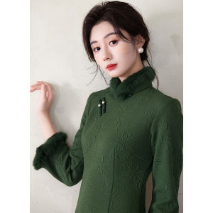 Áo Qipao Lông Mịn Xanh Dày Cho Mùa Đông