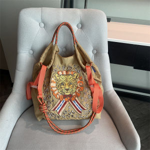 Fashionable Embroidered Lion Head Canvas Tote Bag Large Capacity Crossbody Handbag for Women Casual Nylon Cloth Exposure Closure
