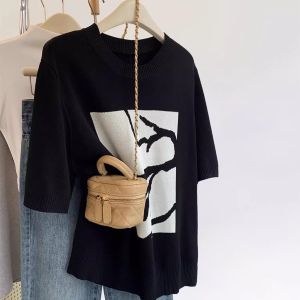 Loose Knitted Short Sleeve round Neck T-Shirt plus Size Womens Fashionable Summer Top Cover Belly Knitwear Casual Commute Style