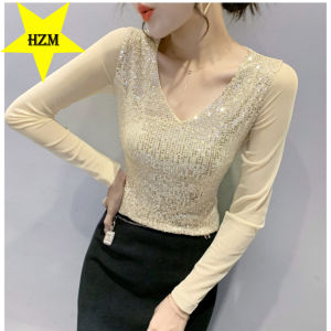 เสื้อยืดคอวีแขนยาวอเนกประสงค์ด้านบน 2023 เข้าใจผอม ฤดูใบ ฤดูใบ ไม้ ผู้หญิง ร่วงตา คู่ผู้หญิง คู่ประดับ