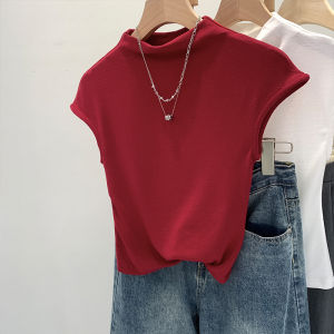 Áo Thun Tay Ngắn Cổ Cao Ôm Vừa Vặn Phong Cách Mỹ Dành Cho Nữ Mùa Hè Màu Xám Nhỏ Gọn Áo Thun Cotton Polyester Thường Ngày