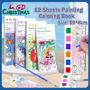 GD Christmas 12 Sheets Painting Coloring Book Set with Paintbrush Graffiti WaterColor for Kids Art Leaning Supply