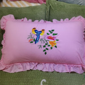 แฮนด์เมดสีฟ้าจริงๆผ้าแบบเก่า ลูกไม้ ปลอกหมอนเครื่องสองด้าน งานปัก ปลอกหมอนคนเดียวสะบัด