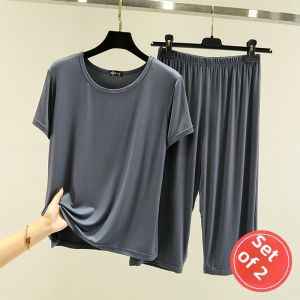 Casual Modal Sleepwear Set Women Summer Loose Short Sleeve round Neck Pure Color Home Clothes Two-Piece Suit Comfortable Leisure