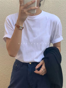K-style Pure Color White T-Shirt Short Sleeve Tops Summer Pure Cotton All-Matching Loose Casual Basic Style round Neck Bottoming Shirt