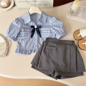 Girls School Uniform Set Summer New Style Childrens Short Sleeve Shirt Half Skirt Two Piece Set Trendy Cotton Polyester Blend