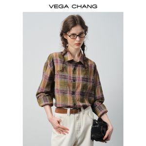 VEGA CHANG | Áo Sơ Mi Dài Tay Mới Thu Phong Cách Retro Caro Ghép Lỏng Vai Rơi