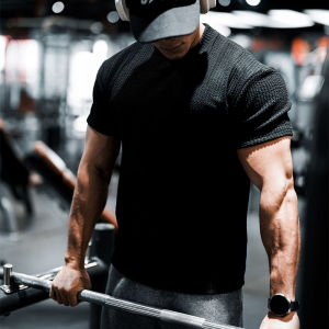 American Fitness Short Sleeve Muscle Mens Muscle Texture 260G Heavy Weight T-shirt Small Neckline Silm Quick Dry Training High Elasticity