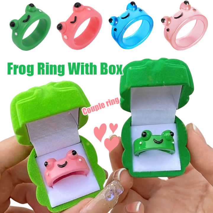 2Pcs Tiktok Cartoon Frog Rings with Box for Men Fashion Cute Frog Resin ...
