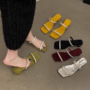 Summer New Womens High Heels Rhinestone Strap Chunky Heel Slippers Outdoor Wear Korean Style Pure Color Daily Occasions