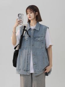 Casual Denim Vest Womens Spring Autumn Lazy Style Top American Retro Sleeveless Shoulder Pad Casual Outerwear Jacket