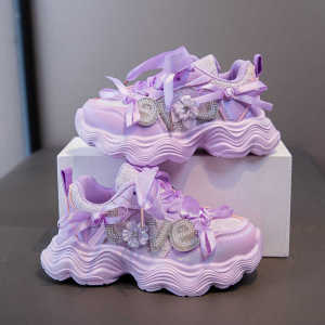 Girls Running Shoes Spring Autumn Breathable Mesh Childrens Sports Sneakers Princess Fashionable Slip-On Rubber Outsole