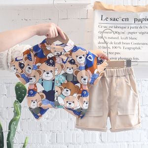 Baby boy summer childrens clothing digital printing little bear Button Short Sleeves fashion t shirt and Denim shorts