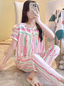 Summer New Arrival Womens Cotton Silk Sleepwear Thin Short Sleeve Long Pants Home Clothes Spring Autumn Seasonal Comfortable Home Fashion