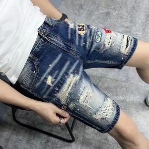 Summer Straight Leg Mens Jeans Trendy Deep Blue Patch Label Fashionable Five Pocket Shorts High Elasticity Cotton Denim