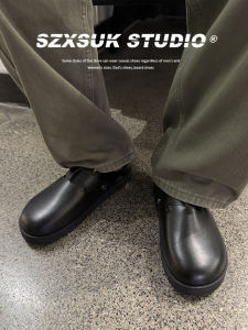 Mens Summer Flat Bottom Slip-On Casual Shoes Vintage Retro All-Match Lazy Peoples Shoes Head Covering Synthetic Leather