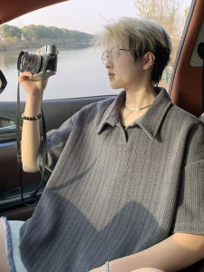 American Style Short Sleeve Polo Shirt Mens Summer Casual Loose Handsome Half Sleeve Turn Collar T-Shirt Wheat Spike Texture