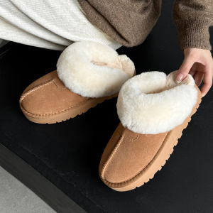 2025 New Womens Wool Fur Slippers Indoor Outdoor Wear Thick Heel Half Slippers Home Cotton Slippers Warm Cozy Slip-On Shoes