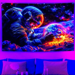 VIKAMA Neon Phi Hành Gia Người Ngoài Hành Tinh Pizza Ảo Giác Galaxy Tấm Thảm Treo Tường Trang Trí Phòng Thẩm Mỹ Cho Thế Hệ Z Phòng Ngủ Phòng Khách