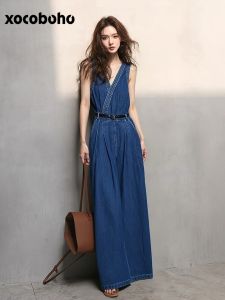 xocoboho | Waist-Accentuating Slimming Casual Laid-Back Blue Denim Jumpsuit