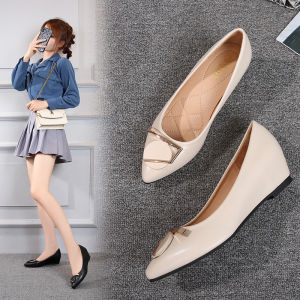 Elevated Heel Flat Bottom Womens Shoes Spring Autumn Summer Fashionable Slip-On Metal Detail Pointed Toe Casual Footwear