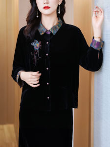 Short Chinese Style Silk Velvet Jacket Gold Thread Velvet Genuine Silk Moms Open Cardigan Straight Tube Commute Style Womens Fashion