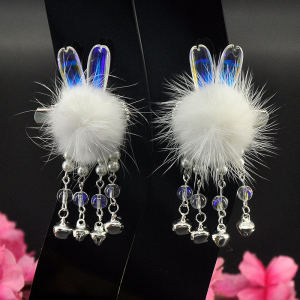 155 Cute Rabbit Ears Girl a Pair of Hairclips Bell Baby Barrettes Chinese Ancient Style Side Clip Hair Accessories Han Dynasty Fur Ball Clip