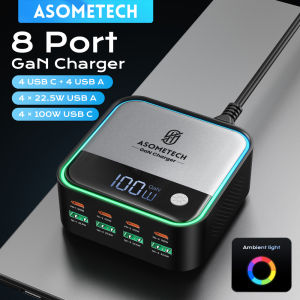 GaN USB C Charger 8 Port Mini Desktop Charger Ambient Lighting Display 4 X 100W PD PPS Fast Charger For Laptop iPhone 15 Samsung