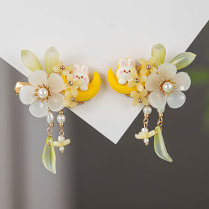 Charming Ancient Chinese Style Hair Accessories for Girls with Chrysanthemum Moon Rabbit Design Adorable Children Hanfu Hair Clips
