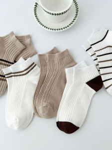 Womens Socks Spring & Fall Double Needle Cotton White in Thin Section Socks Japanese College Style Low Top Shallow Mouth Brown Short Ankle Socks