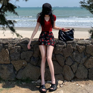 CHANGTONG | Retro Red Floral Two-Piece Set