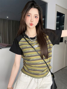 Embroidered Letter Scramble Color Block Short Sleeve T-shirt Womens Sweet Girl Style Ruched Non-waist Short Top Summer Clothing