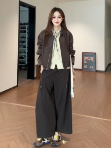 Quần Ống Rộng Cạp Cao Màu Nâu Thường Ngày Cho Nữ Dáng Quả Lê Cỡ Lớn Quần Ống Đứng Dài Đến Mắt Cá Chân Mùa Thu