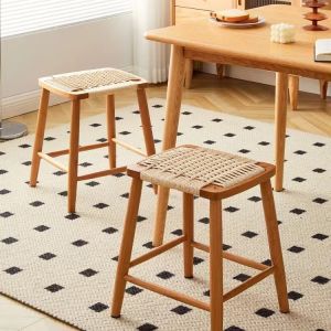 Retro Nordic Solid Wood Weaved Square Stool