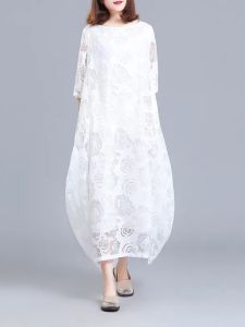 Elegant Lace Summer Dress Womens Retro Robe Beach Vacation Long Dress Super Fairy Tale Skirt Polyester Fiber Midi Princess Gown