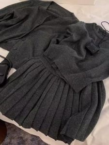 Korean Style Knitted Three-Piece Set Womens Fashion Autumn College Style Cardigan + Top + Pleated Skirt Ensemble