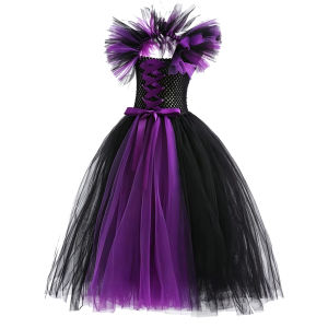 Girls Black Purple Witch Full Length Tutu Dress With Witch Hat Broom For Halloween Cosplay