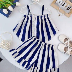 Bear Leader Girls Suit 2023 Summer New Girls Sleeveless Ruffled Striped Undershirt Plus Striped Lace Shorts Two-piece Set 2-7 Years Old Girls Clothing