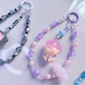 Kawaii Beaded Phone Chain Bag Charm Strap Cute Cartoon Keychain Lanyard with card clip for Phone Purse Accessories