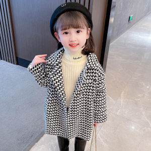 เสื้อแจ็คเก็ตผ้าขนสัตว์ลายสก็อตสไตล์เกาหลีสำหรับเด็กผู้หญิง ฤดูใบไม้ร่วง/ฤดูหนาว 2025 แฟชั่นใหม่ เสื้อคลุมกันหนาวแบบลำลอง