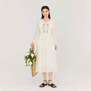 Bohemian Long Sleeve V-Neck Womens Dress A-Line Vintage Waist-Cinching Maxi Skirt Korean Style Commute High Waist Soft Fabric