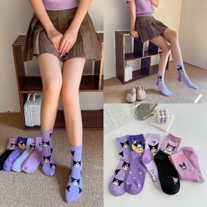 Adorable Cartoon Kuroko Mid-Calf Combed Cotton Socks for Adults 3-40 Breathable Moisture Wicking Home Comfort Stockings