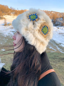 Civic Keys Rabbit Fur Knitted Hat Womens Autumn Winter Cute Plush Face Slimming Large Head Size Lion Fishing Cap