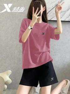 ชุดกีฬาผู้หญิง XTEP ฤดูร้อน ผ้าไหมน้ำแข็งแห้งเร็ว ลำลอง ไซส์ใหญ่ วิ่ง ฟิตเนส ชุดกีฬา ชุดสองชิ้น คอตั้ง แขนสั้น ผ้าฝ้าย